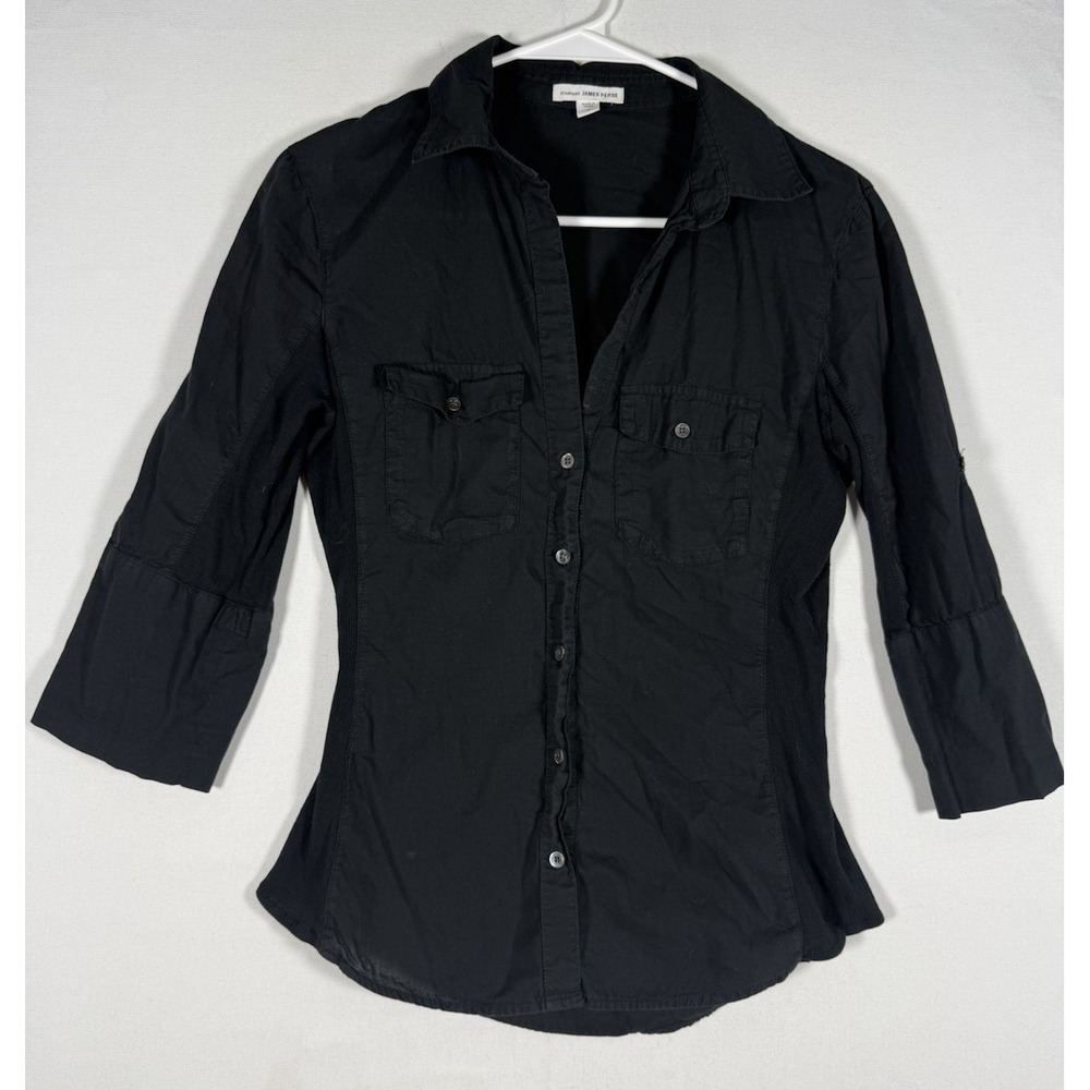 James Perse Black Ribbed Side Panel Button Down Shirt Women's Size 2 WLC3321CU